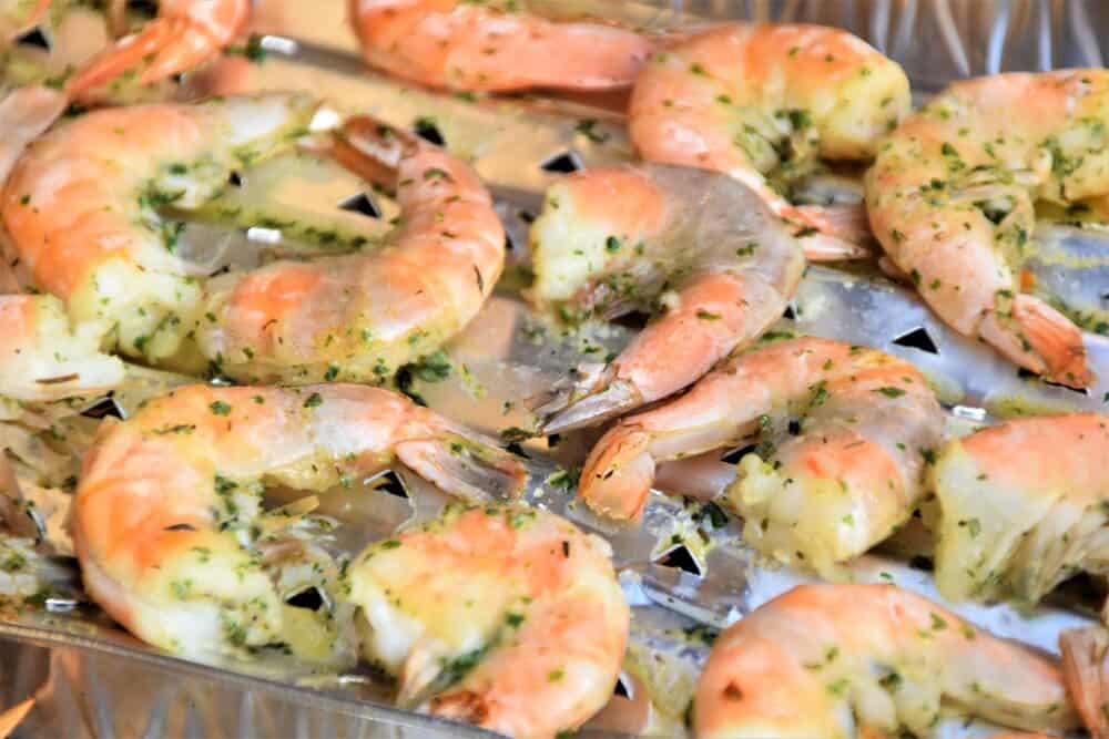 Shrimp lined on a baking sheet