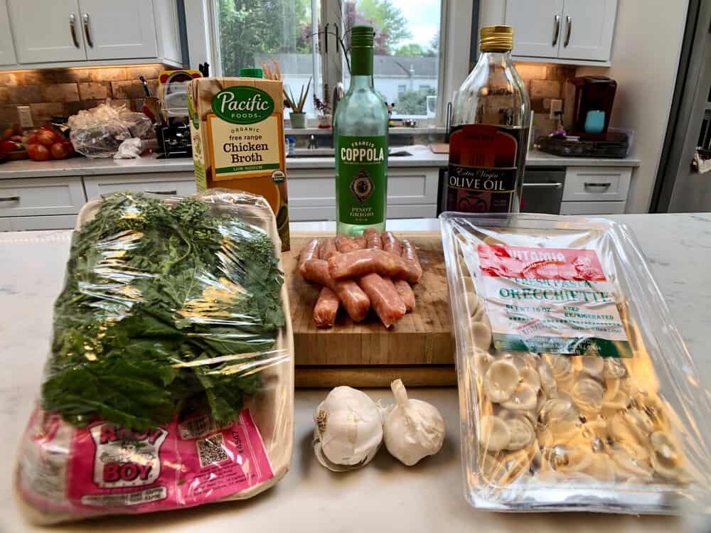 Ingredients for orecchiette with broccoli rabe and sausage