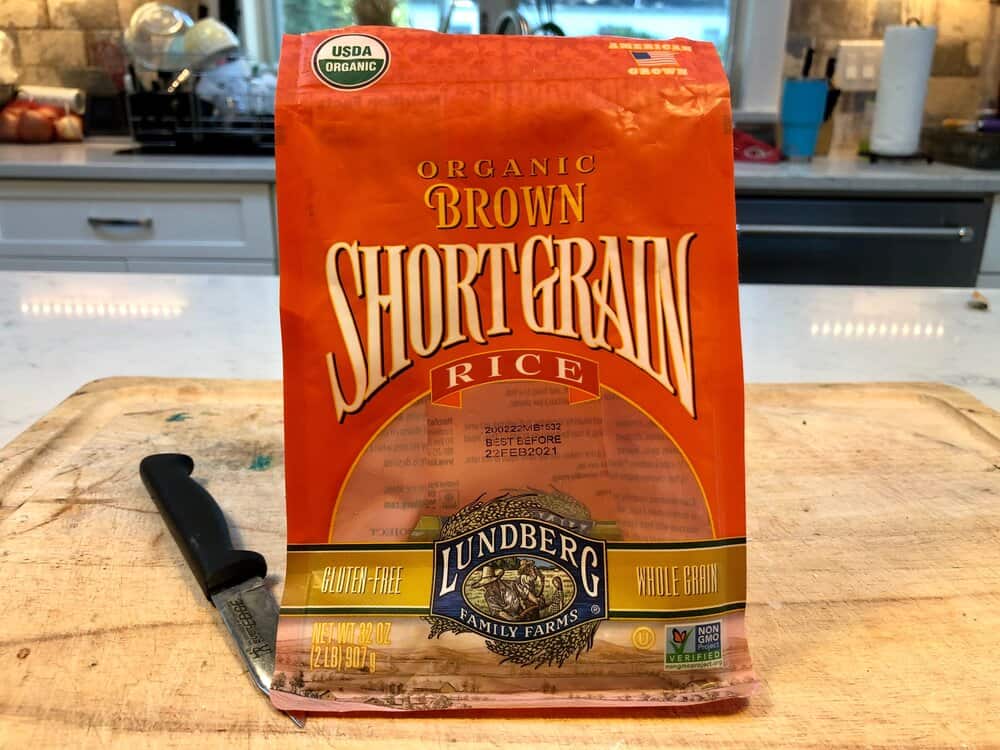 A bag of organic short grain brown rice