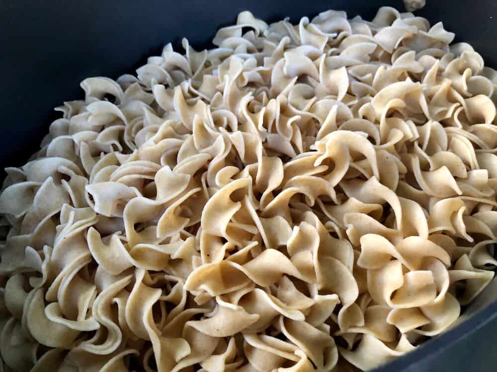Whole wheat no-egg noodles in a pasta pan