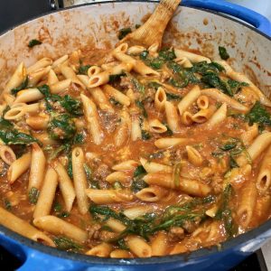 Penne ragu with spinach