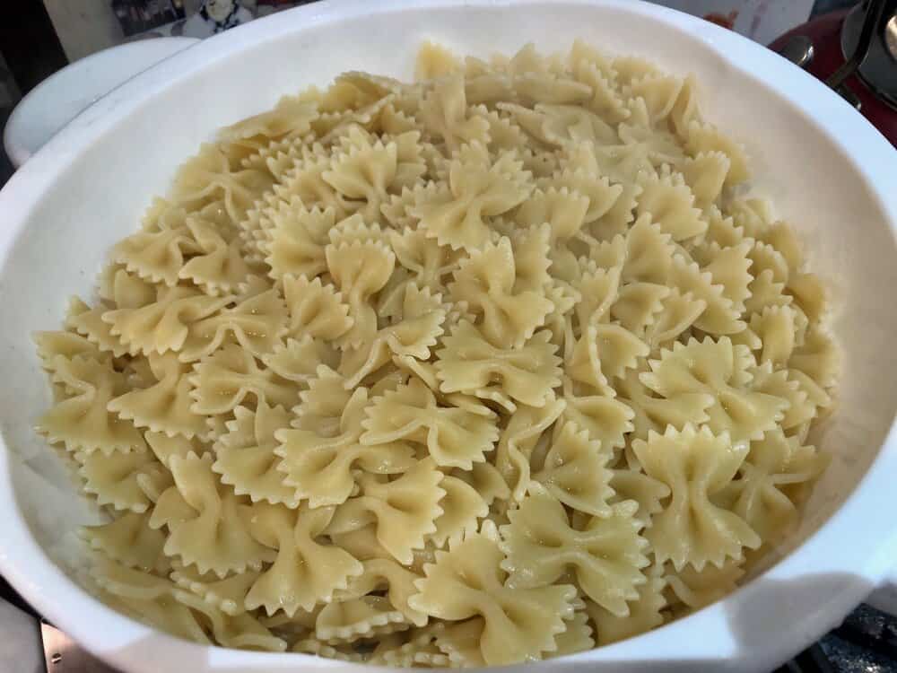 Farfalle pasta in a colander