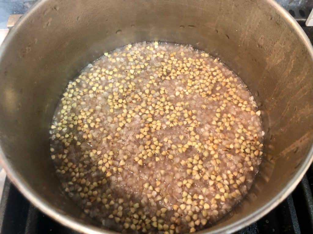 Cooked buckwheat in a pan