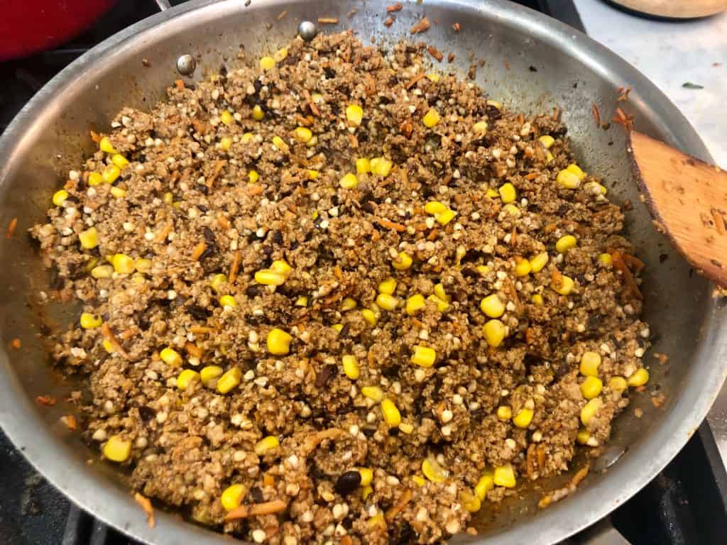 Seasoned turkey meat for burritos in a pan