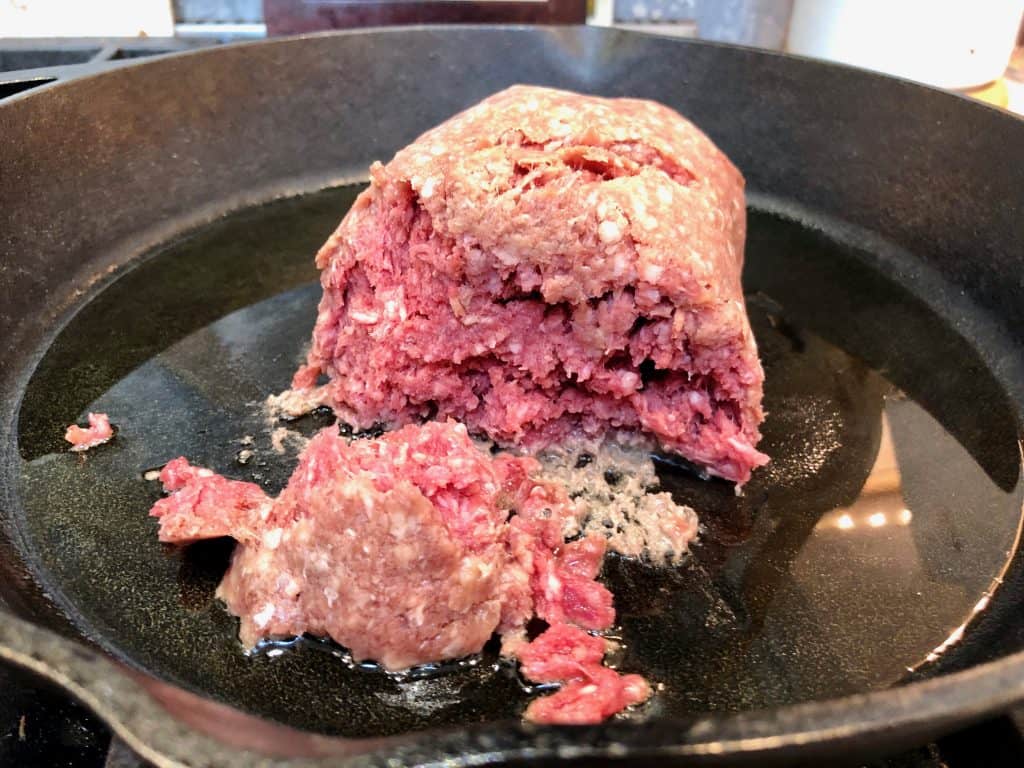 Ground beef in a skillet