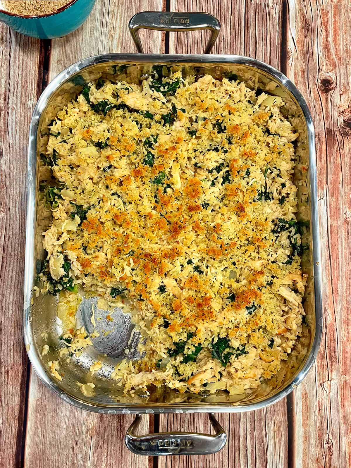 overhead of chicken and kale casserole