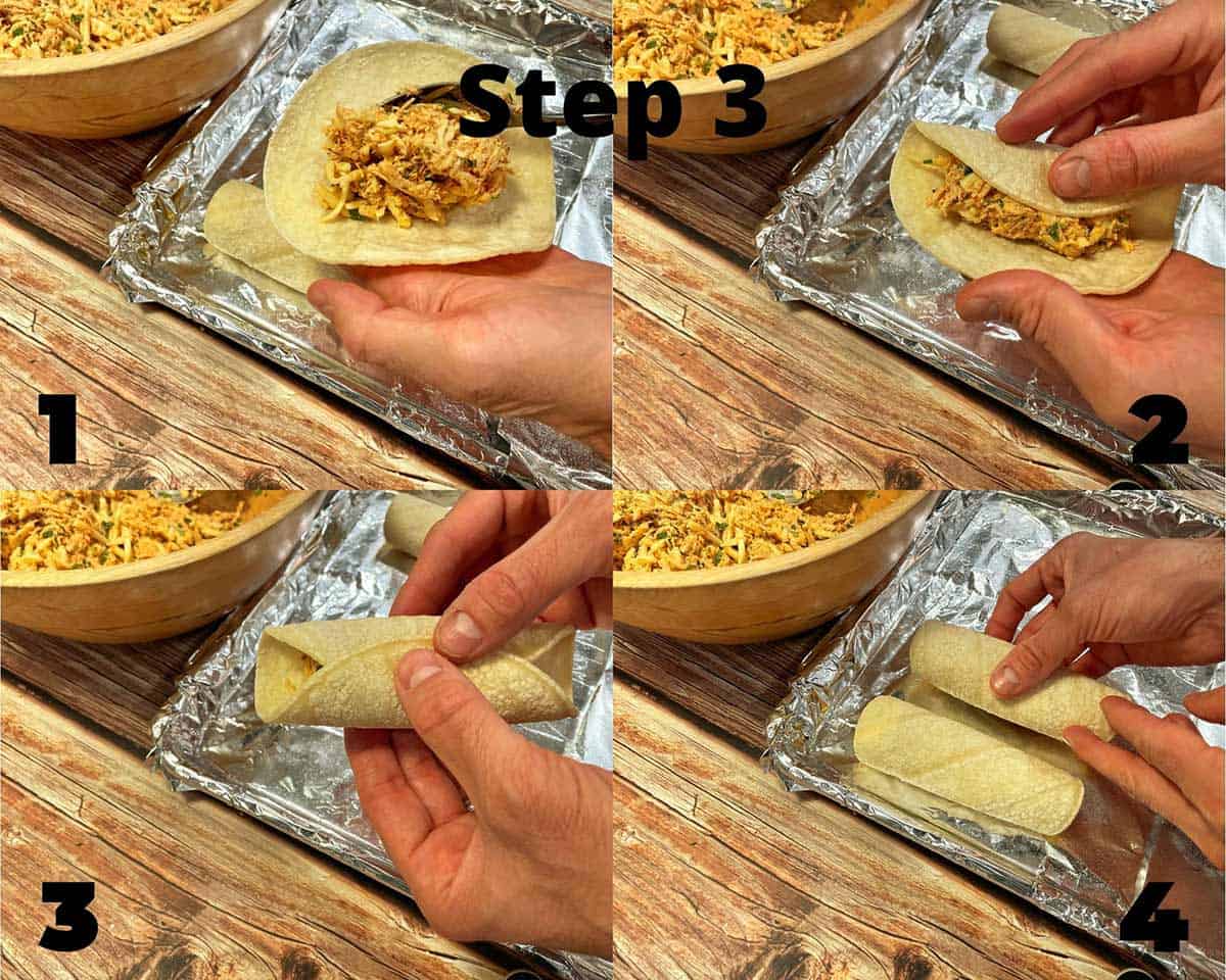 A collage showing filling a taquito, then folding it and placing it on a baking tray.