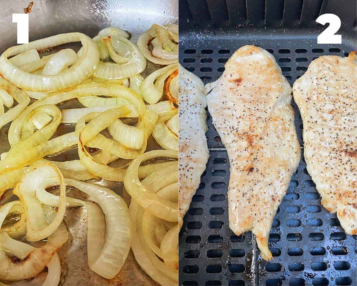 A side by side photo of sauteed onions in a pan on one side and chicken breast in the air fryer on the other. 