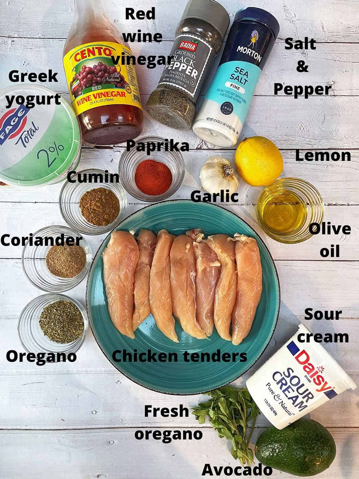 Ingredients for chicken gyro with creamy avocado sauce.