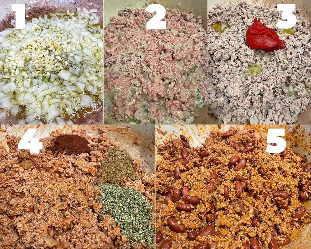 A collage showing each step when making red kidney bean chili.