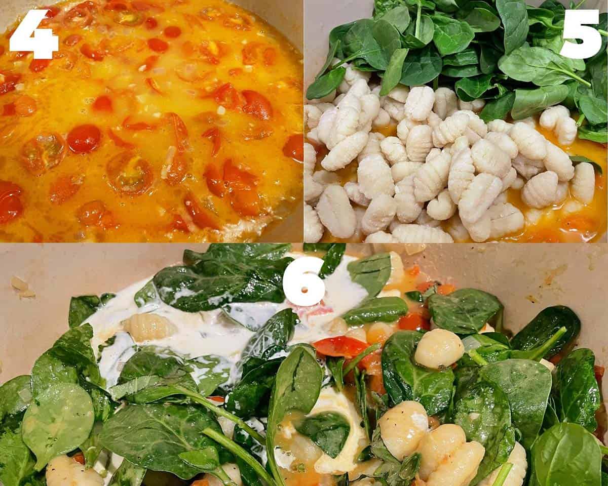 Collage of steps to cook spinach gnocchi.